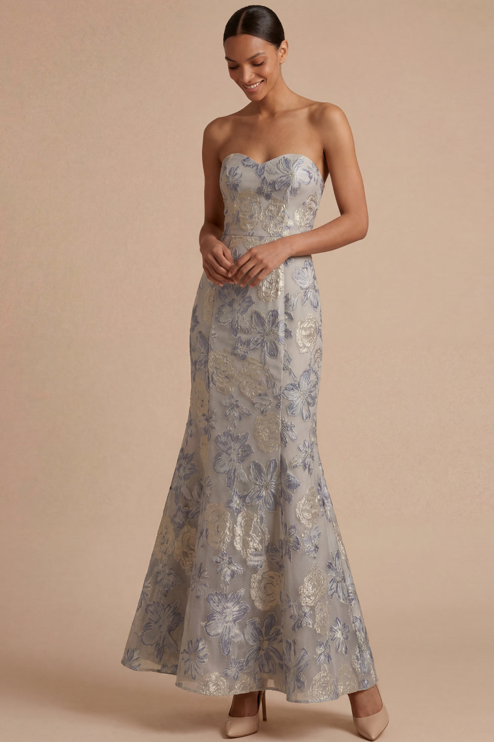 Dusty Blue Jacquard Floral Mermaid Sweetheart Long Formal Dress