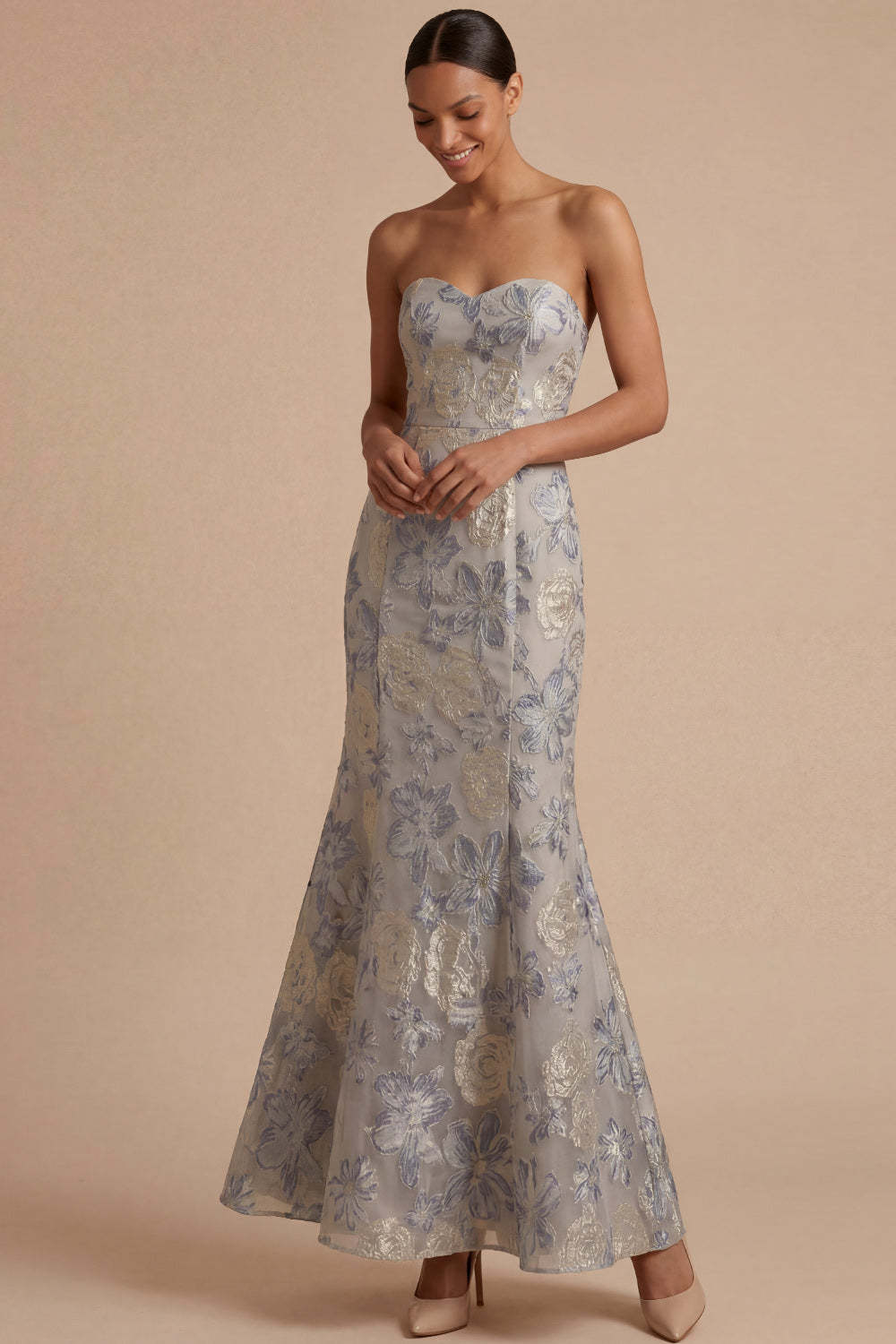 Dusty Blue Jacquard Floral Mermaid Sweetheart Long Formal Dress
