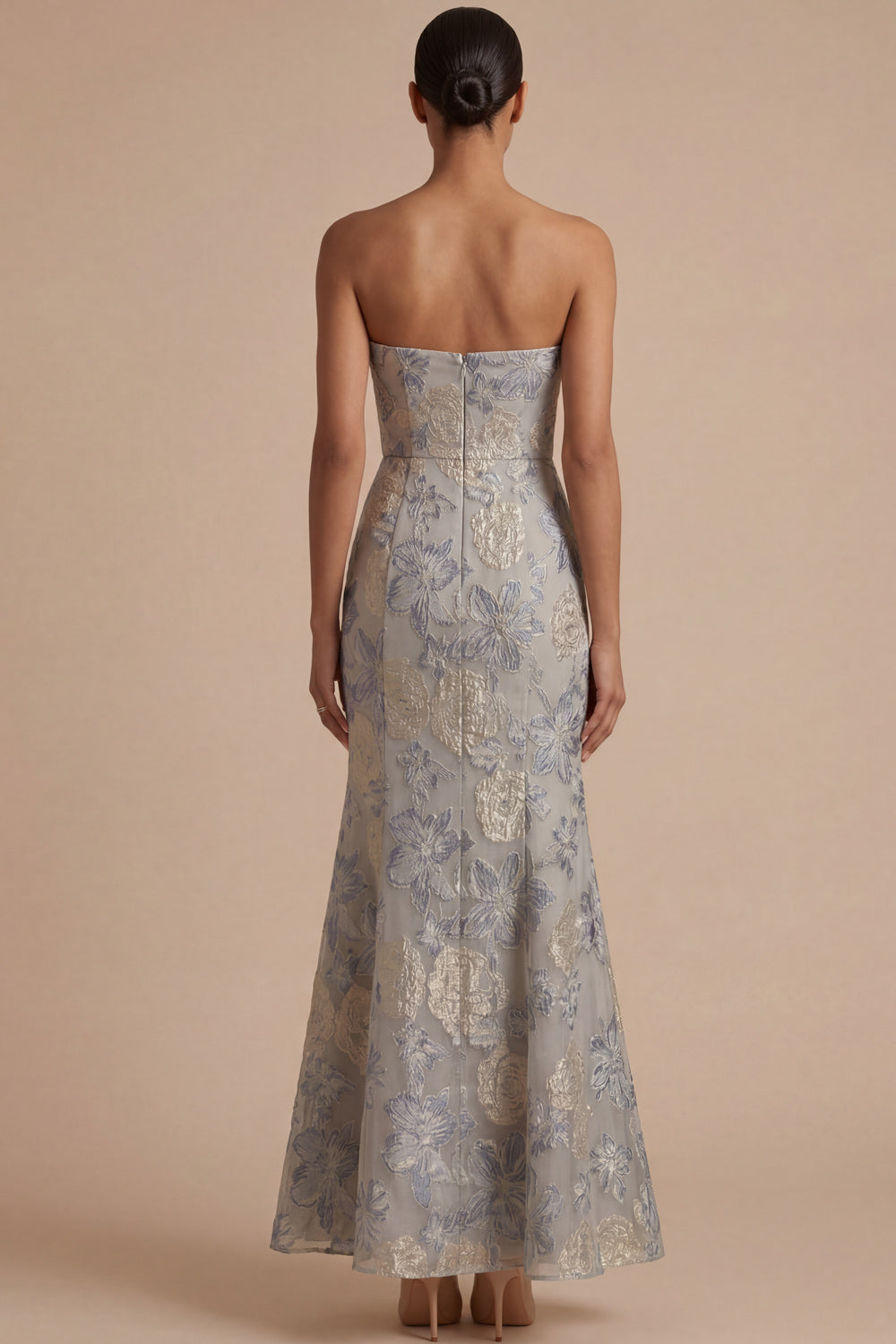 Dusty Blue Jacquard Floral Mermaid Sweetheart Long Formal Dress