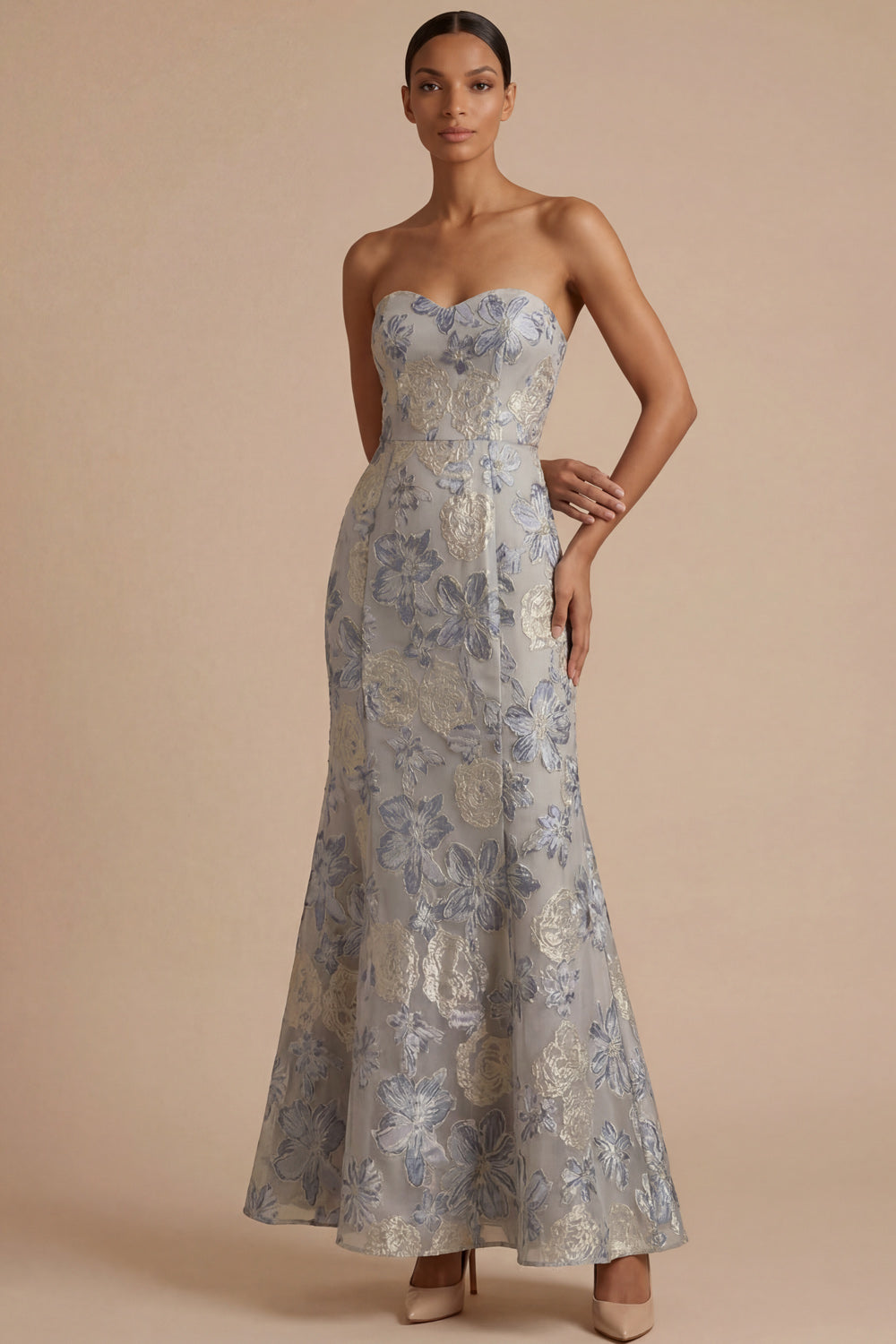 Dusty Blue Jacquard Floral Mermaid Sweetheart Long Formal Dress