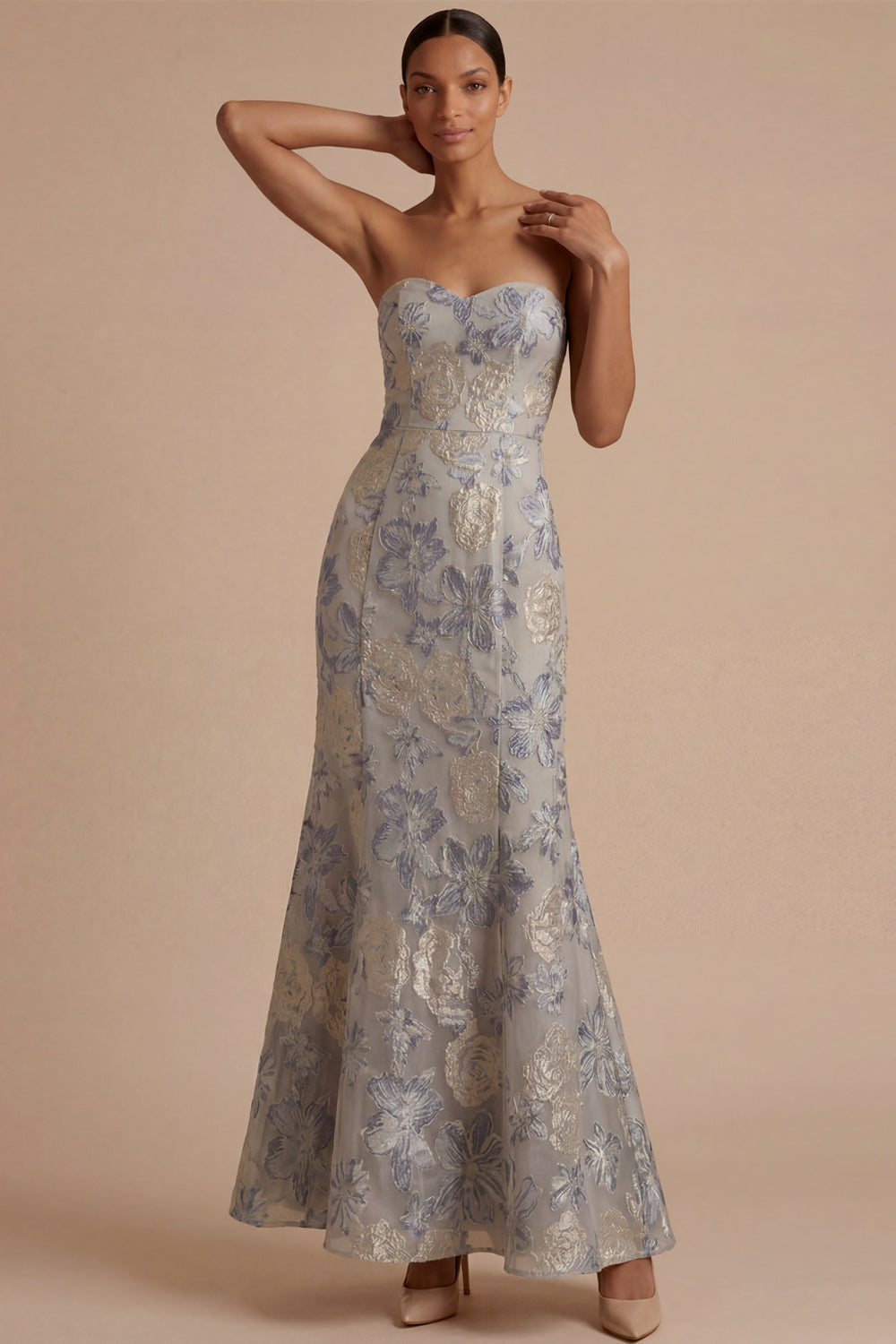 Leely Women Dusty Blue Floral Mermaid Sweetheart Long Formal Dress Jacquard Backless Sleeveless Evening Dress