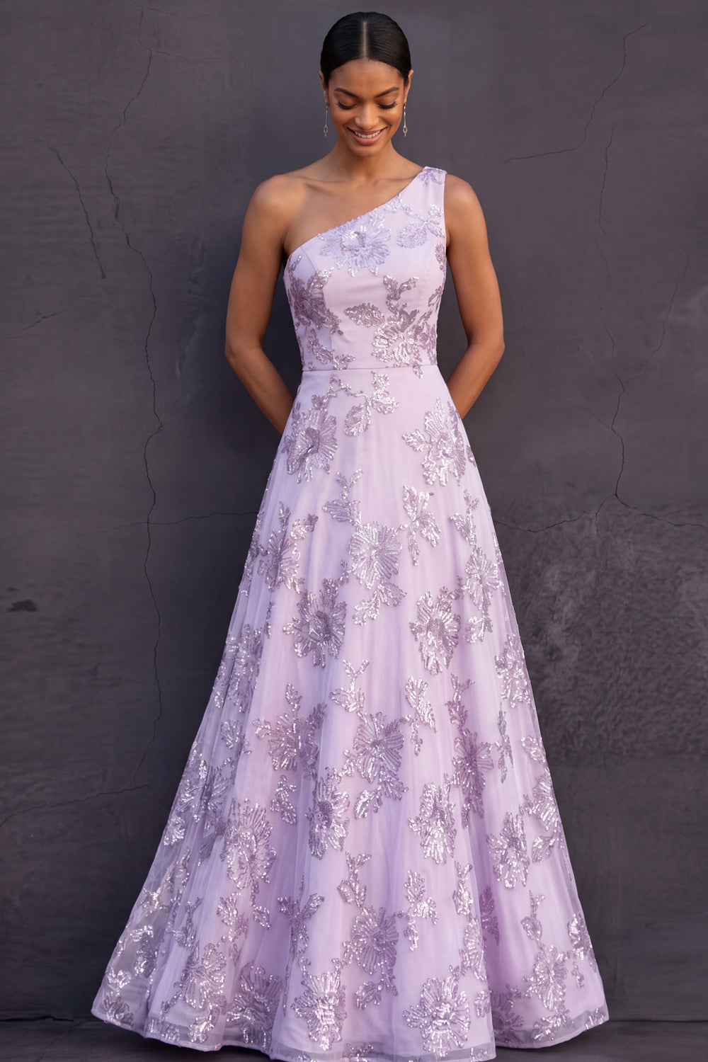 Lilac Floral A Line One Shoulder Appliqued Long Formal Dress