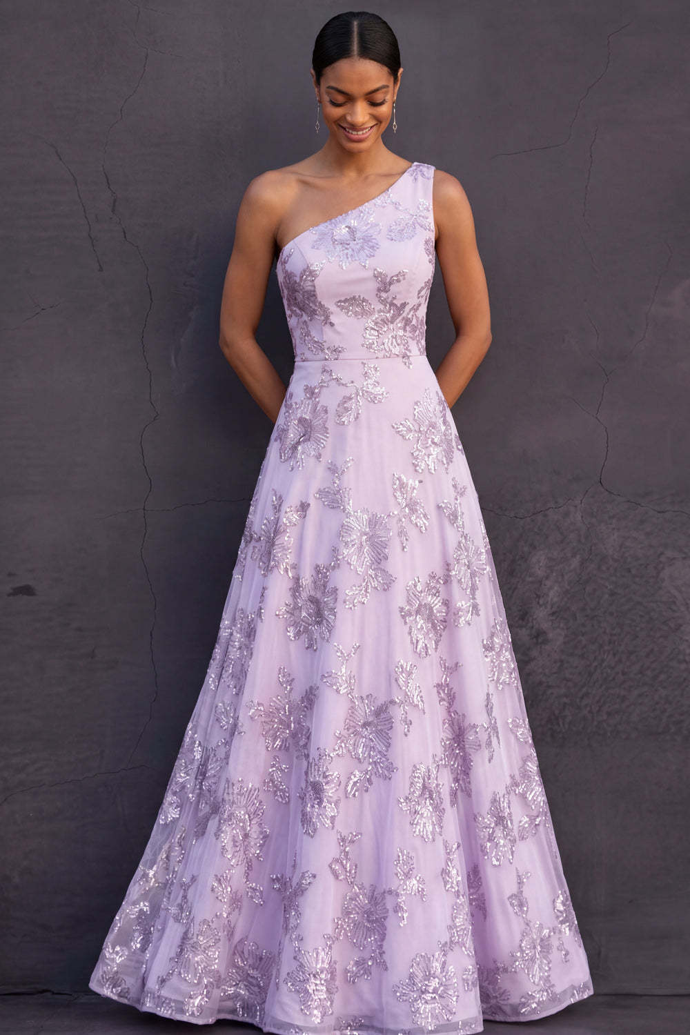 Lilac Floral A Line One Shoulder Appliqued Long Formal Dress