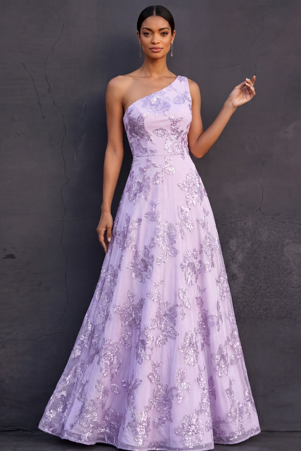Lilac Floral A Line One Shoulder Appliqued Long Formal Dress
