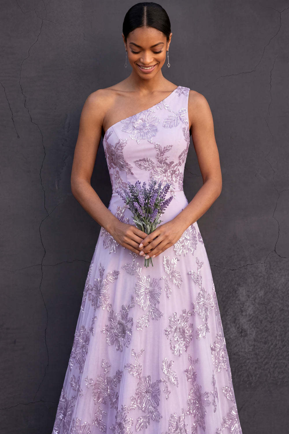 Lilac Floral A Line One Shoulder Appliqued Long Formal Dress