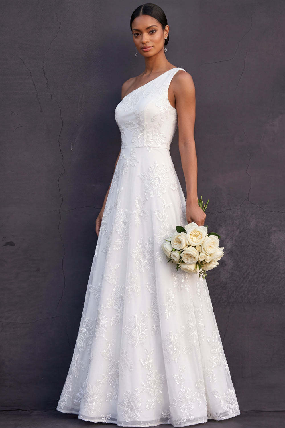 Lilac Floral A Line One Shoulder Appliqued Long Formal Dress