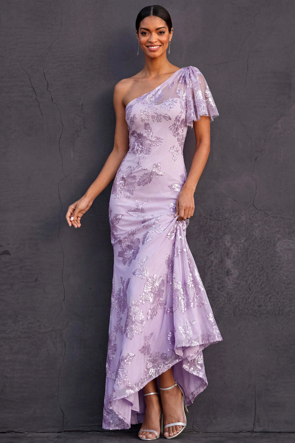 Leely Women Lilac Floral One Shoulder Mermaid Long Wedding Guest Dress Appliqued Backless Sleeveless Evening Dress