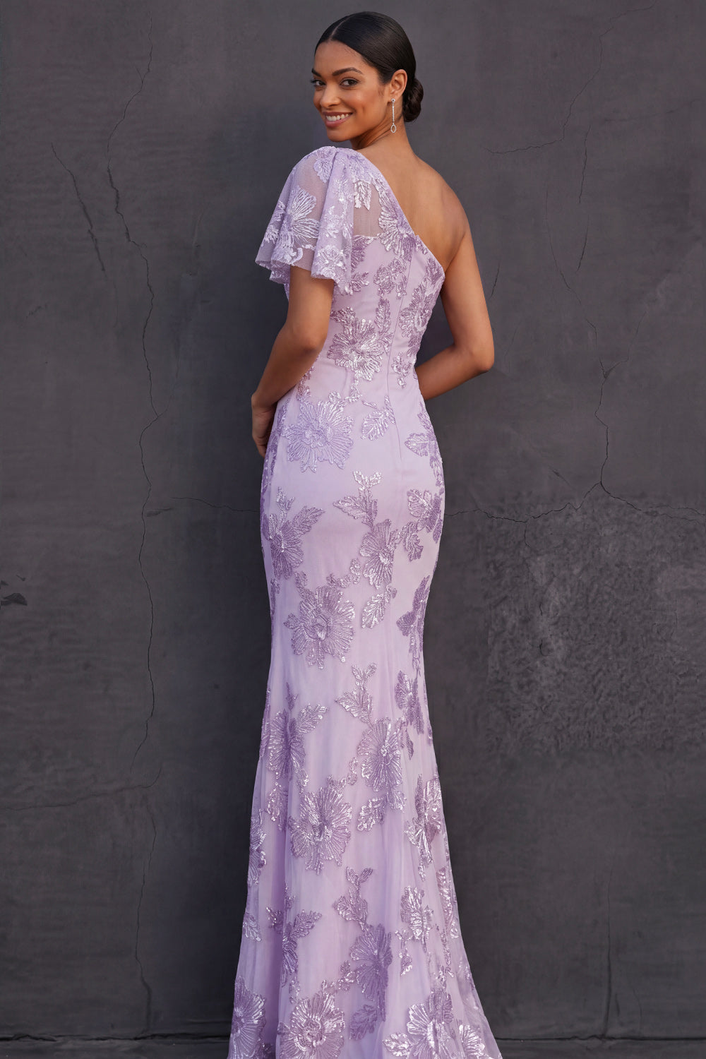 Lilac Floral One Shoulder Appliqued Mermaid Long Wedding Guest Dress