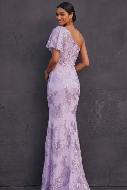 Lilac Floral One Shoulder Appliqued Mermaid Long Wedding Guest Dress