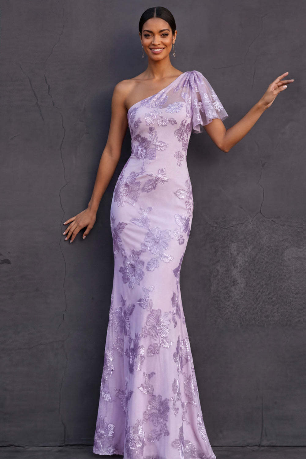 Lilac Floral One Shoulder Appliqued Mermaid Long Wedding Guest Dress