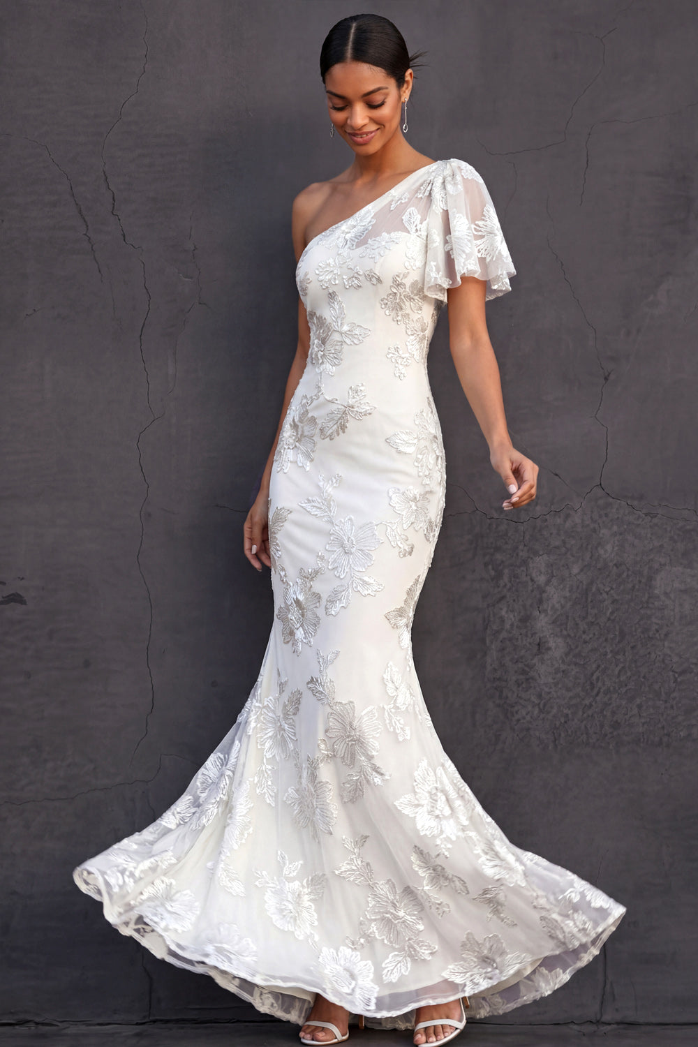 Lilac Floral One Shoulder Appliqued Mermaid Long Wedding Guest Dress