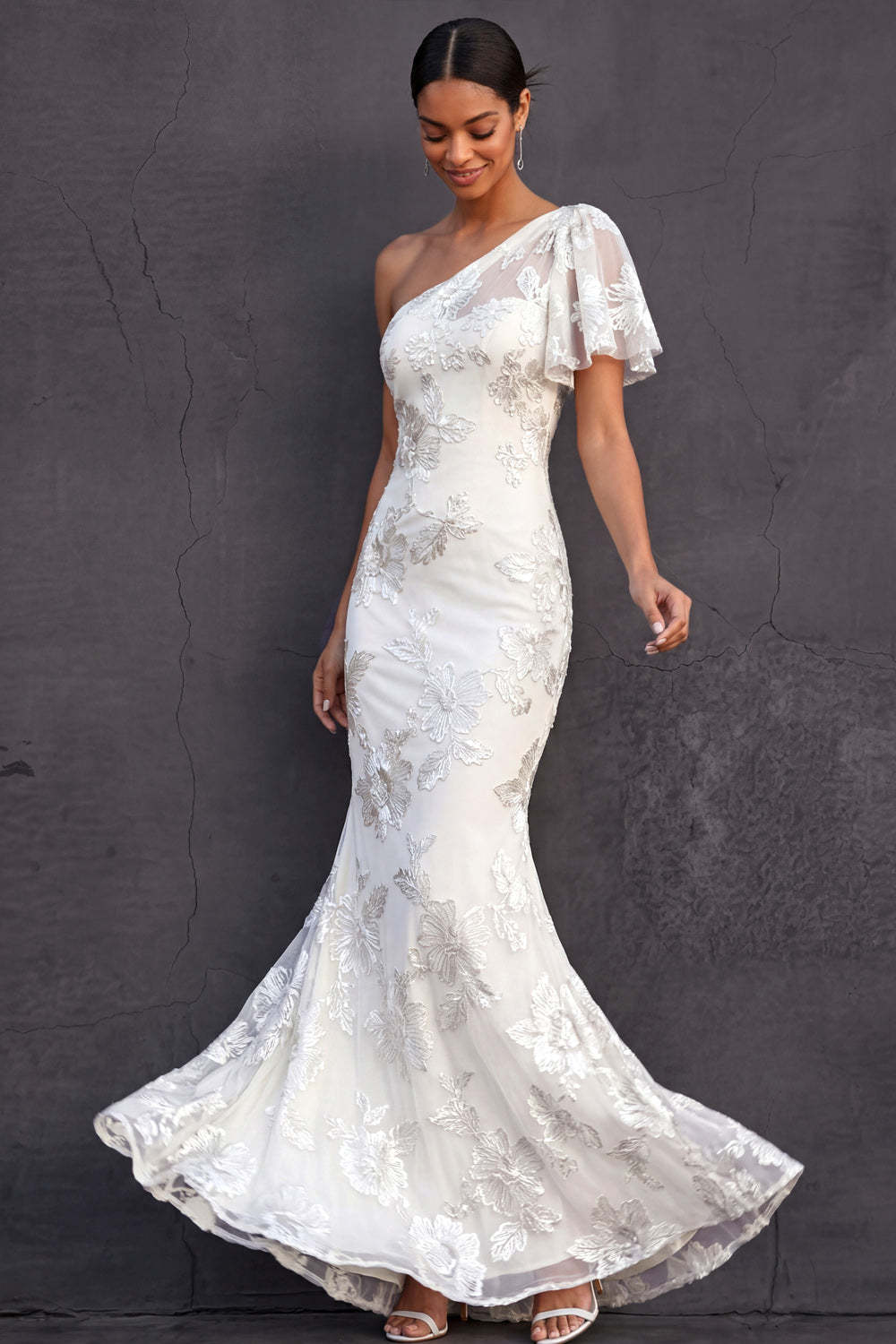 Lilac Floral One Shoulder Appliqued Mermaid Long Wedding Guest Dress