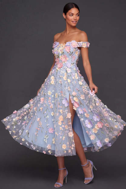 Leely Women Light Blue A Line Floral Appliqued Midi Formal Dress with Slit Off the Shoulder Backless Sleeveless Wedding Guest Dress