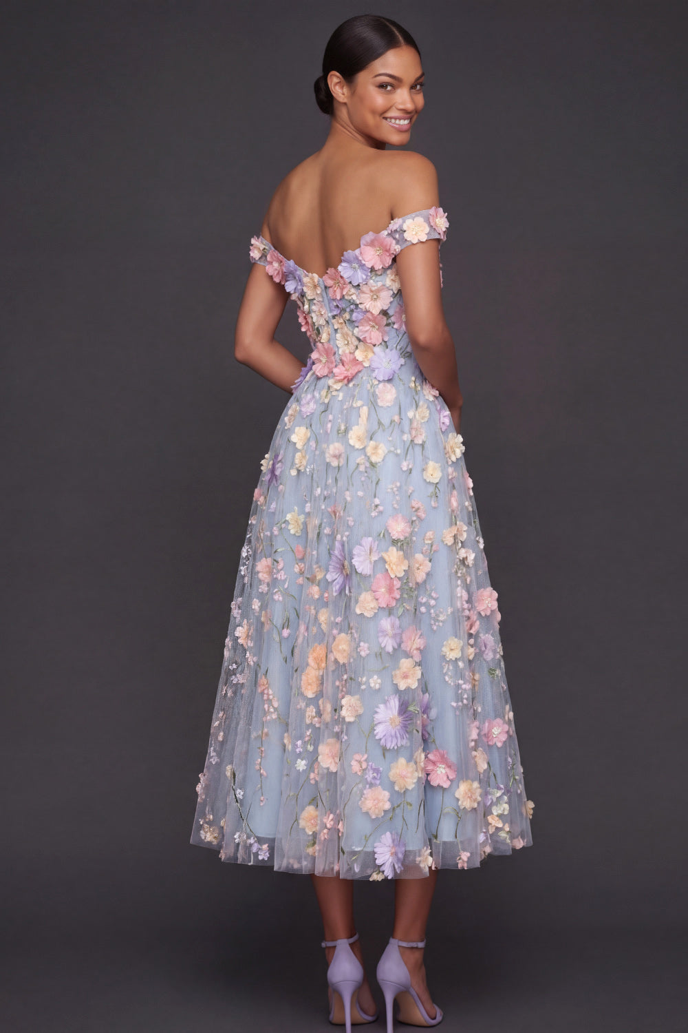 Light Blue A Line Floral Off the Shoulder Appliqued Midi Formal Dress with Slit