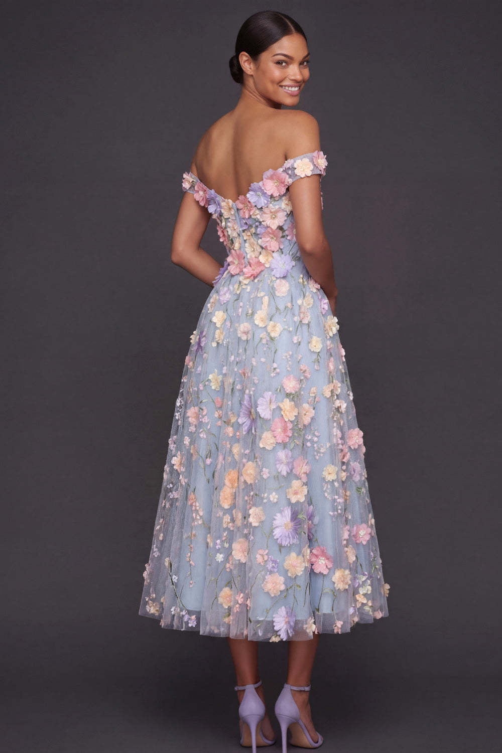 Light Blue A Line Floral Off the Shoulder Appliqued Midi Formal Dress with Slit