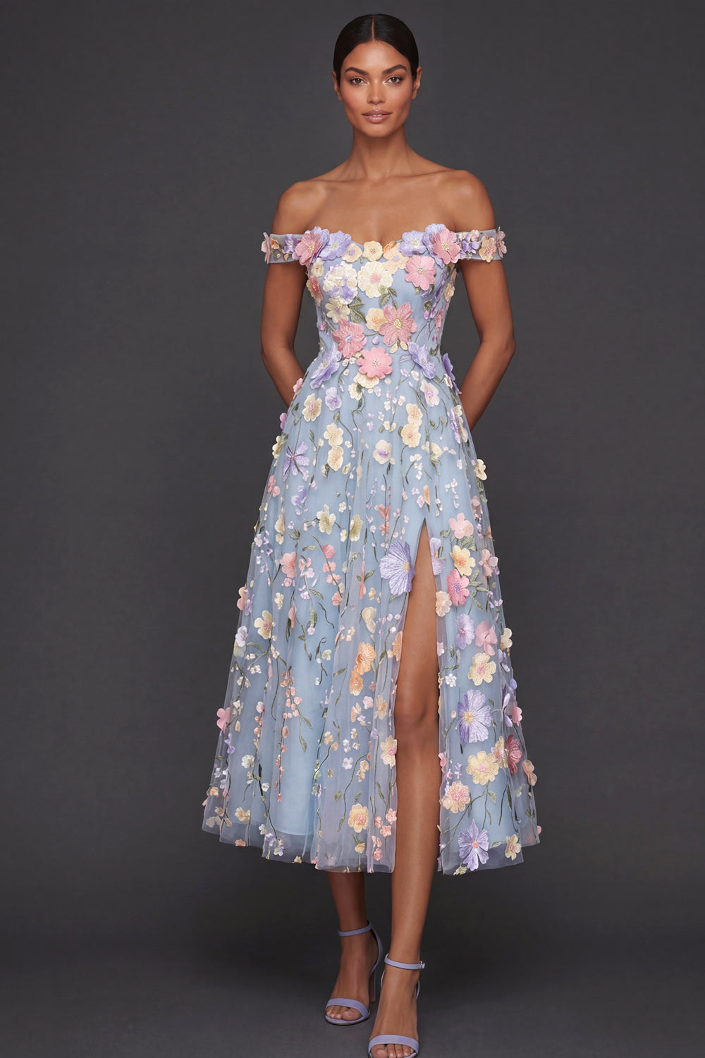 Light Blue A Line Floral Off the Shoulder Appliqued Midi Formal Dress with Slit