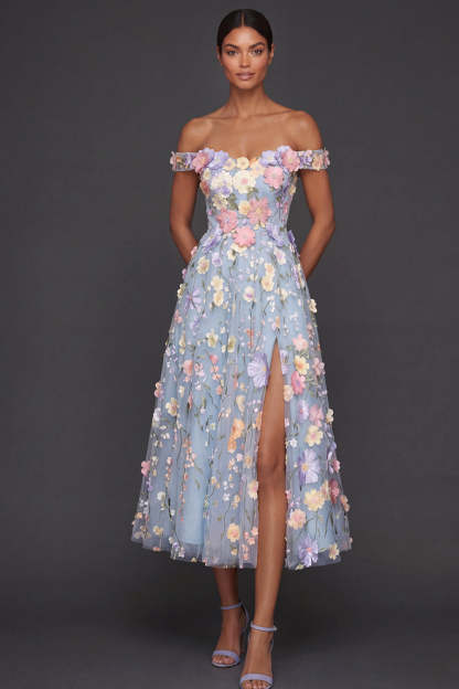 Light Blue A Line Floral Off the Shoulder Appliqued Midi Formal Dress with Slit