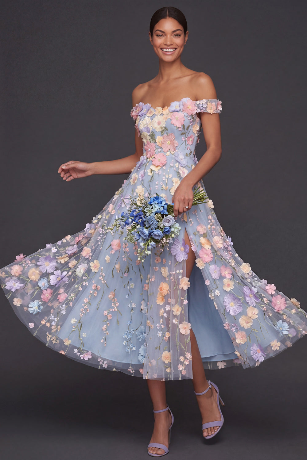 Light Blue A Line Floral Off the Shoulder Appliqued Midi Formal Dress with Slit