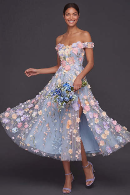Light Blue A Line Floral Off the Shoulder Appliqued Midi Formal Dress with Slit