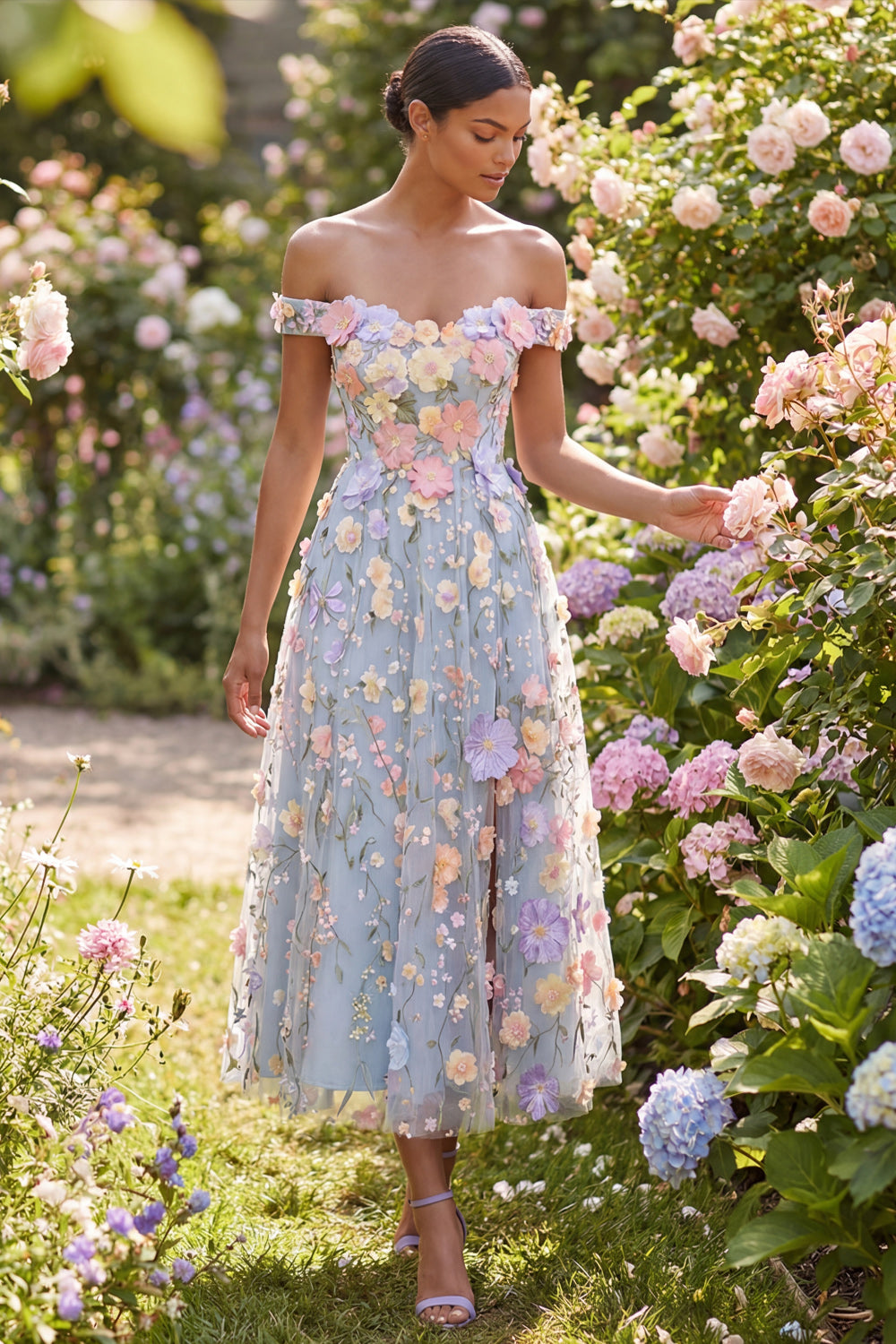 Light Blue A Line Floral Off the Shoulder Appliqued Midi Formal Dress with Slit