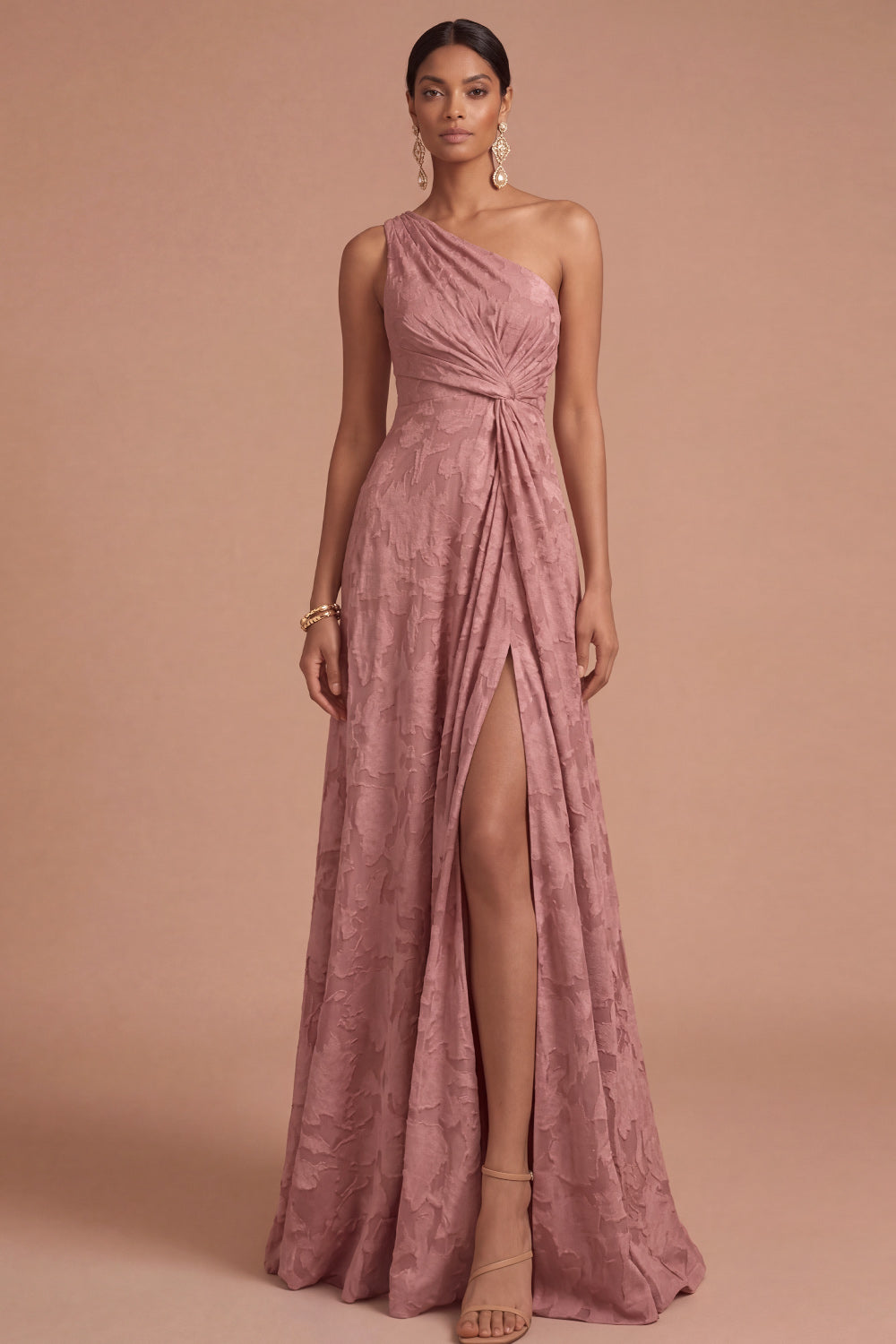 Dusty Rose A Line One Shoulder Ruched Long Formal Dress with Slit