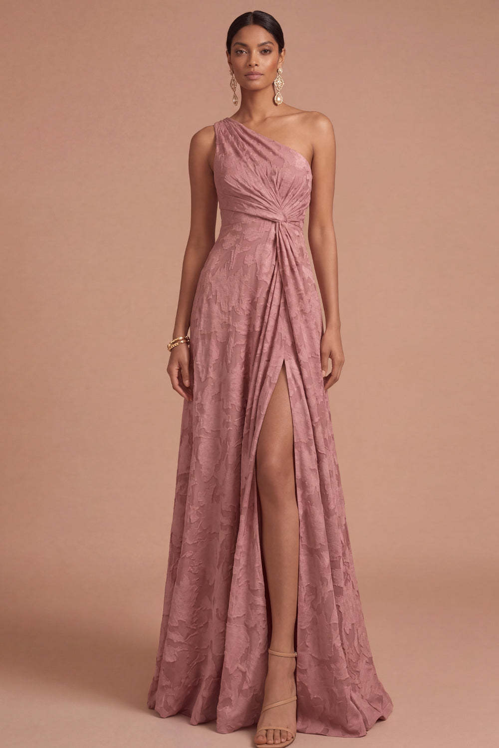 Leely Women Dusty Rose A Line One Shoulder Ruched Long Formal Dress with Slit Backless Sleeveless Appliqued Wedding Guest Dress