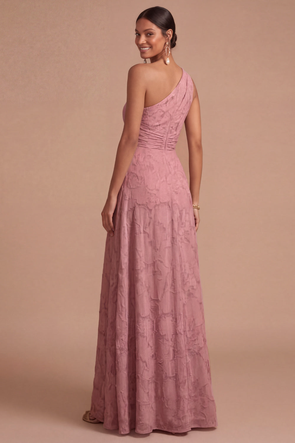 Dusty Rose A Line One Shoulder Ruched Long Formal Dress with Slit