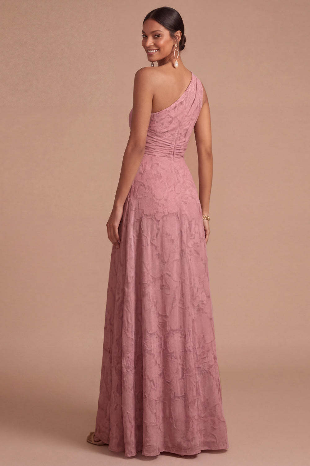 Dusty Rose A Line One Shoulder Ruched Long Formal Dress with Slit