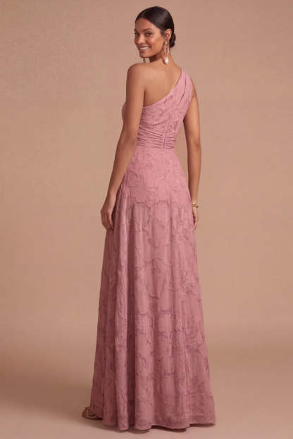 Dusty Rose A Line One Shoulder Ruched Long Formal Dress with Slit