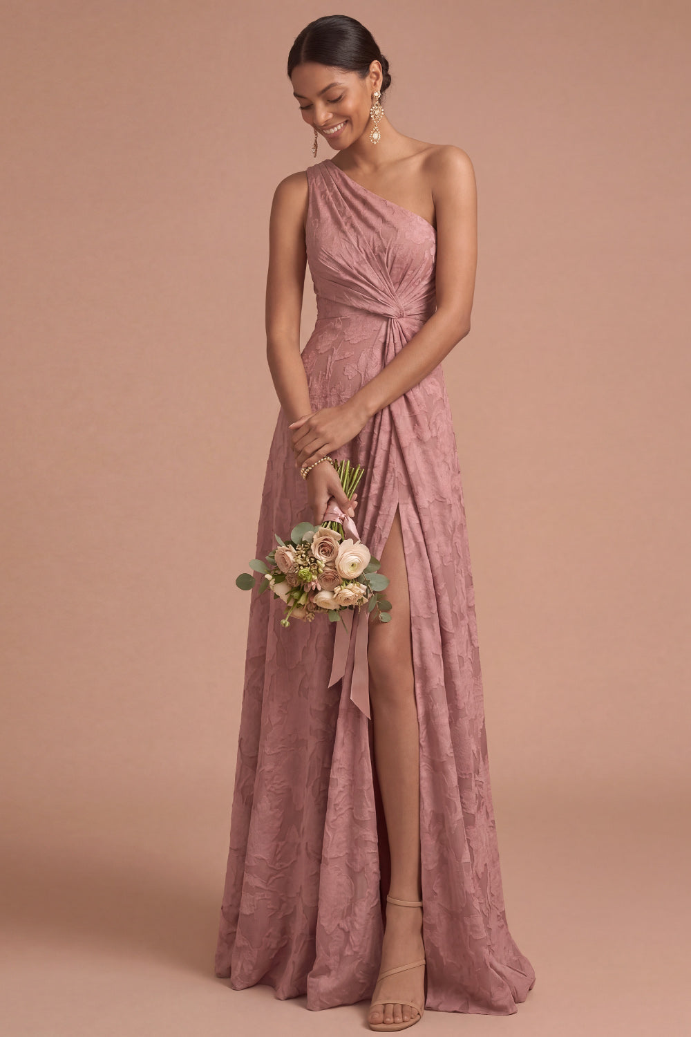 Dusty Rose A Line One Shoulder Ruched Long Formal Dress with Slit
