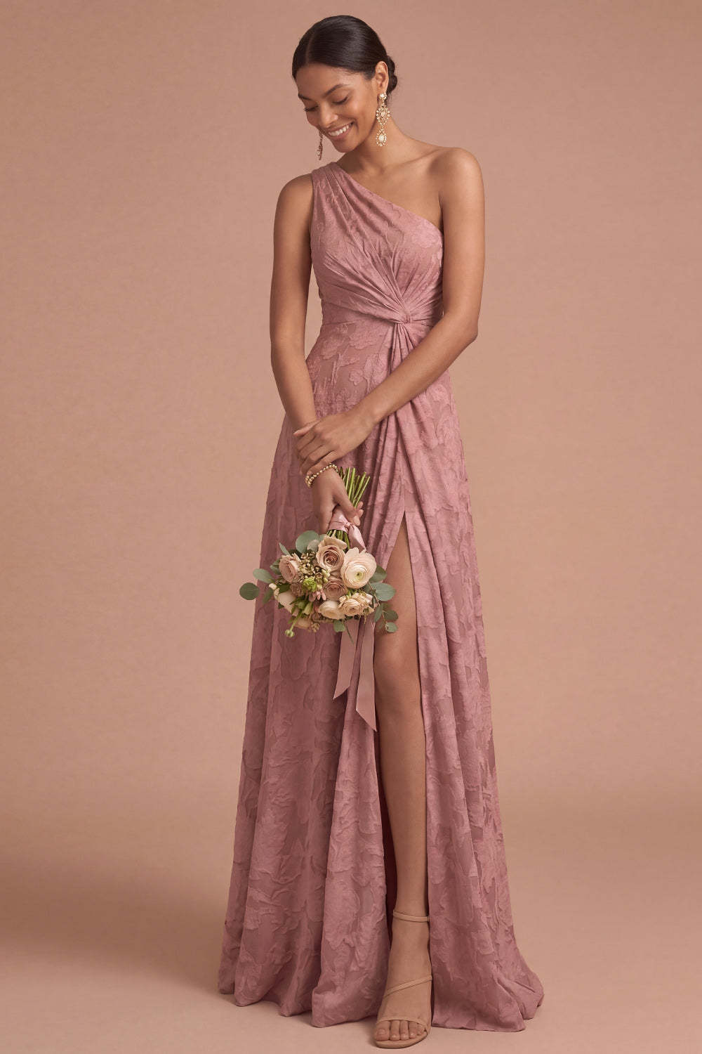 Dusty Rose A Line One Shoulder Ruched Long Formal Dress with Slit