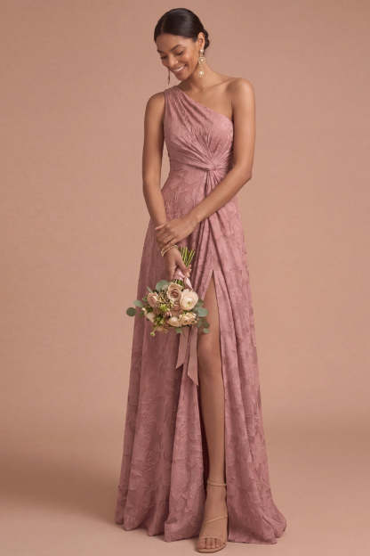 Dusty Rose A Line One Shoulder Ruched Long Formal Dress with Slit