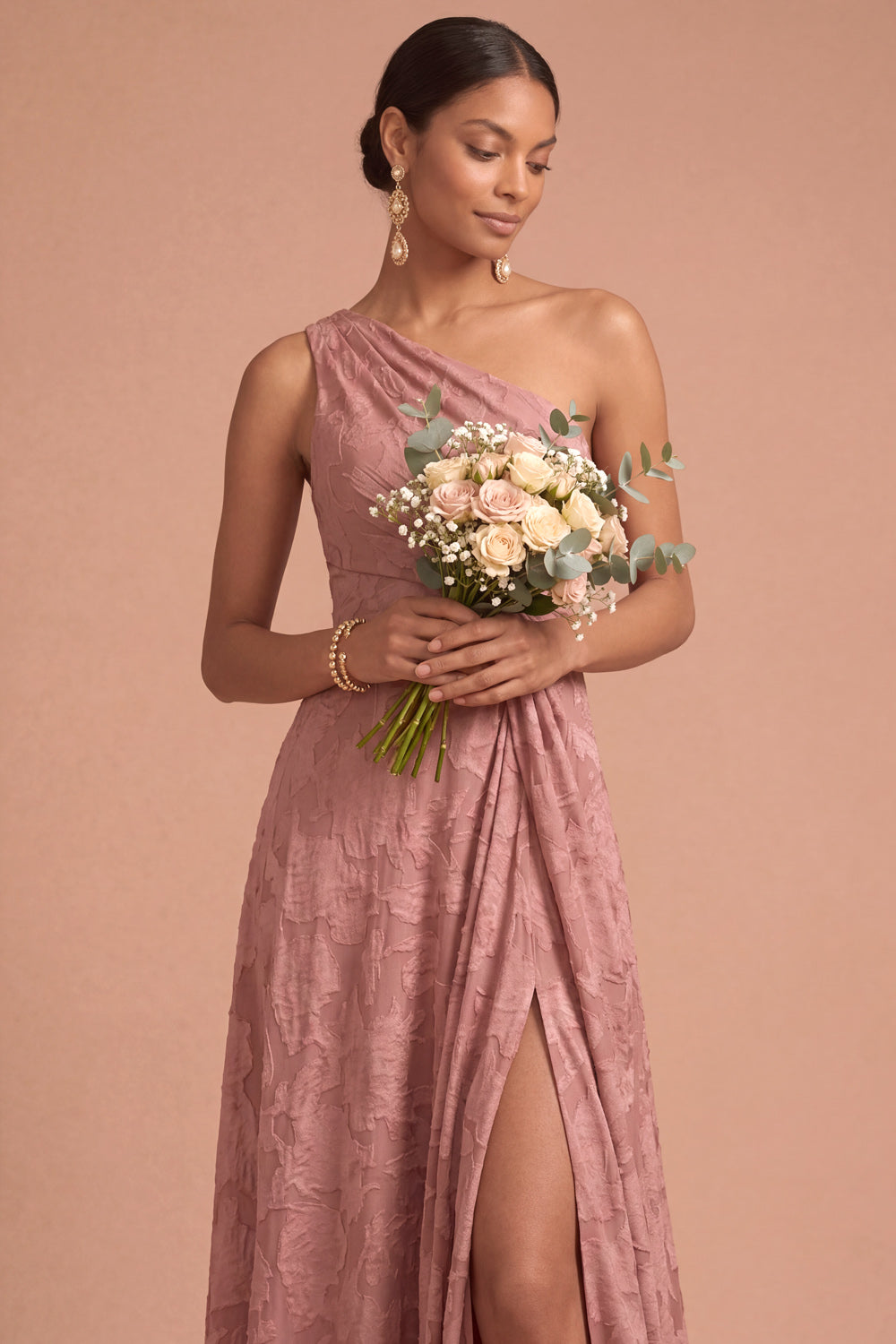 Dusty Rose A Line One Shoulder Ruched Long Formal Dress with Slit