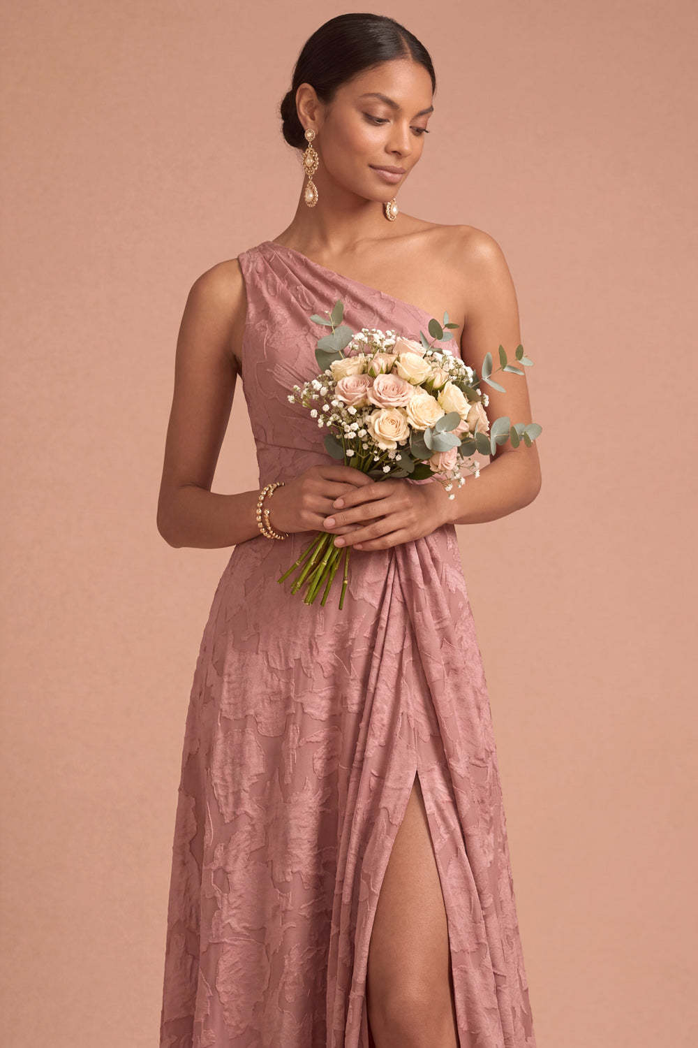 Dusty Rose A Line One Shoulder Ruched Long Formal Dress with Slit