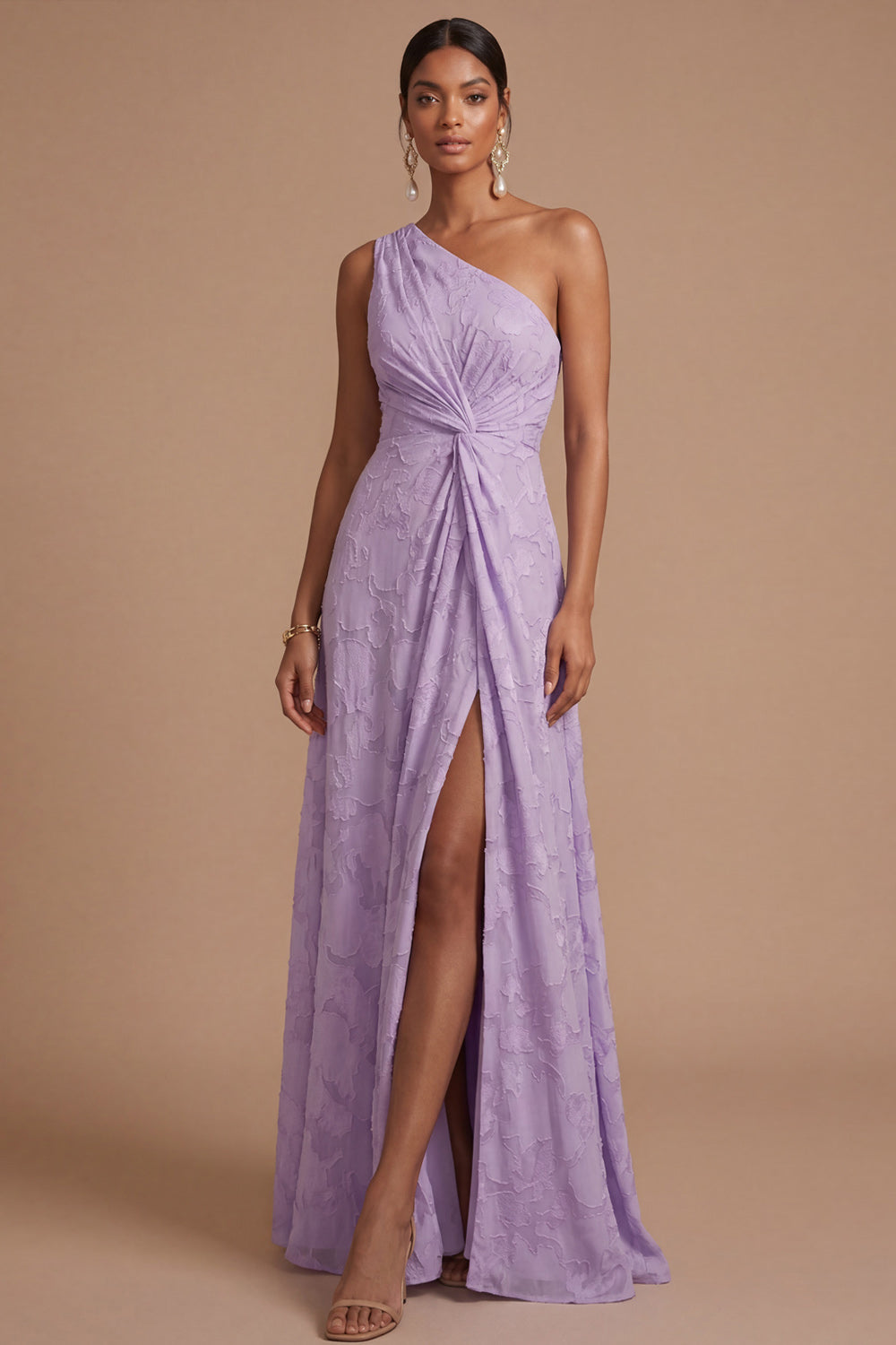 Dusty Rose A Line One Shoulder Ruched Long Formal Dress with Slit