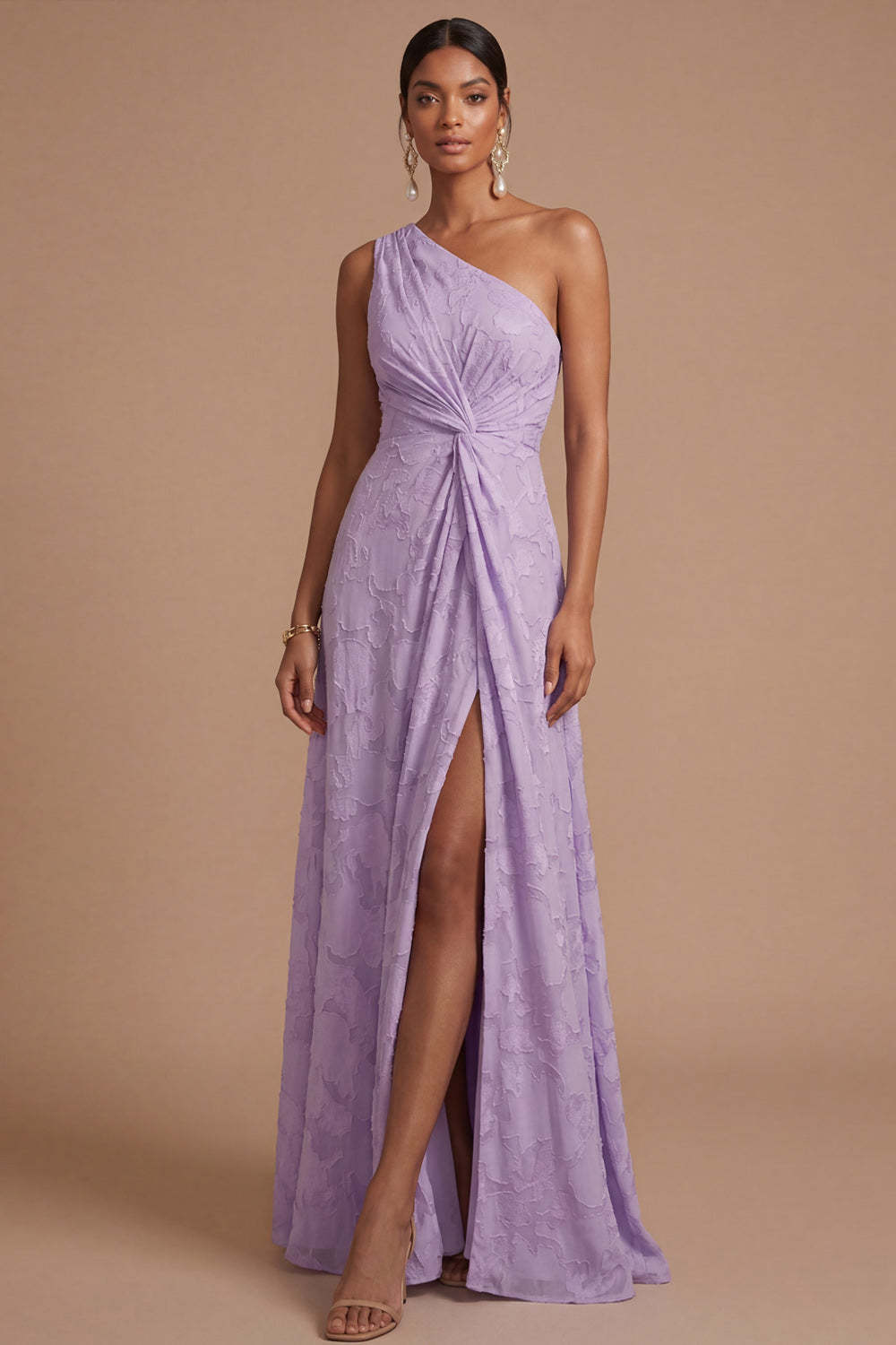 Dusty Rose A Line One Shoulder Ruched Long Formal Dress with Slit