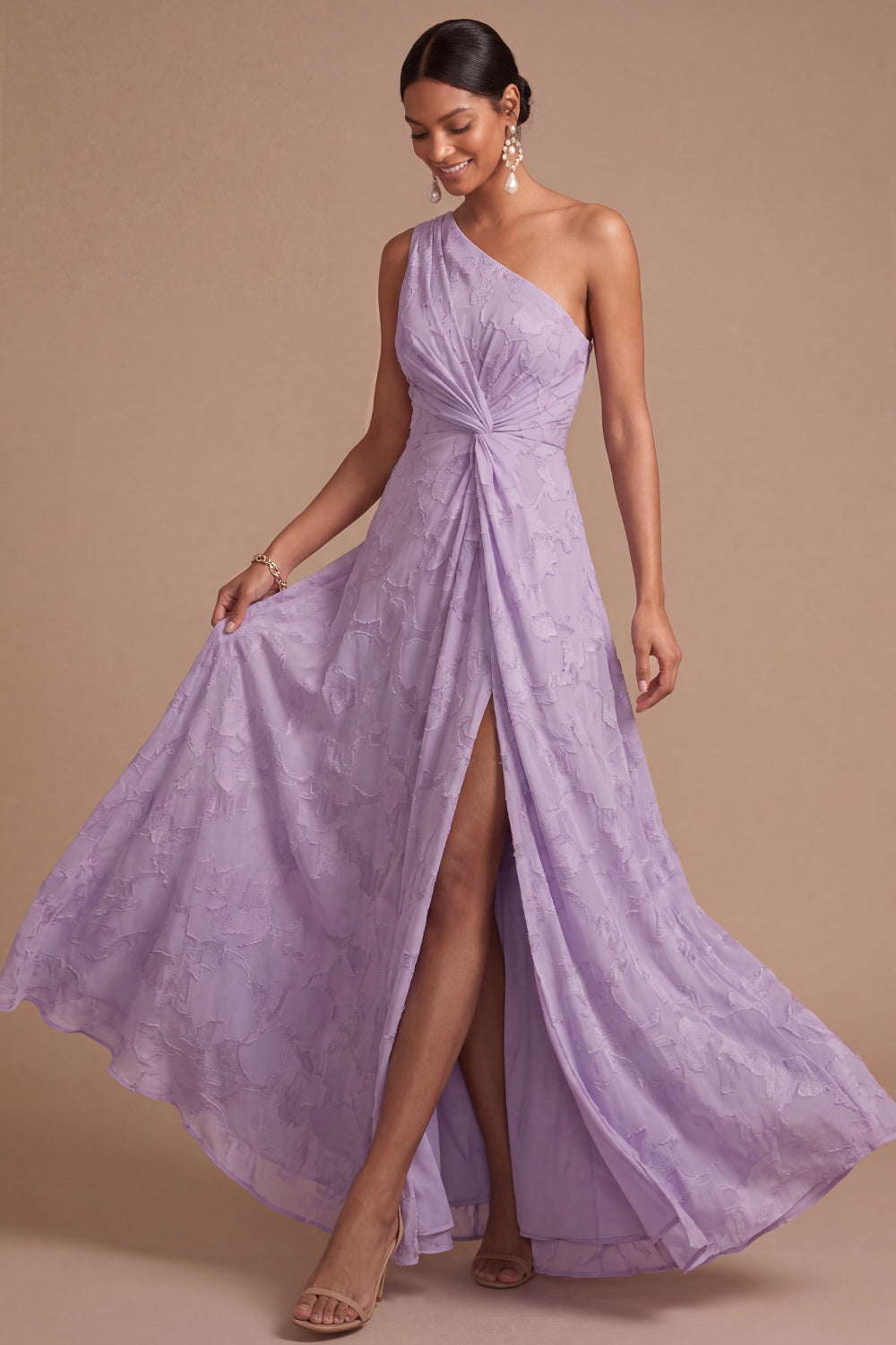 Dusty Rose A Line One Shoulder Ruched Long Formal Dress with Slit