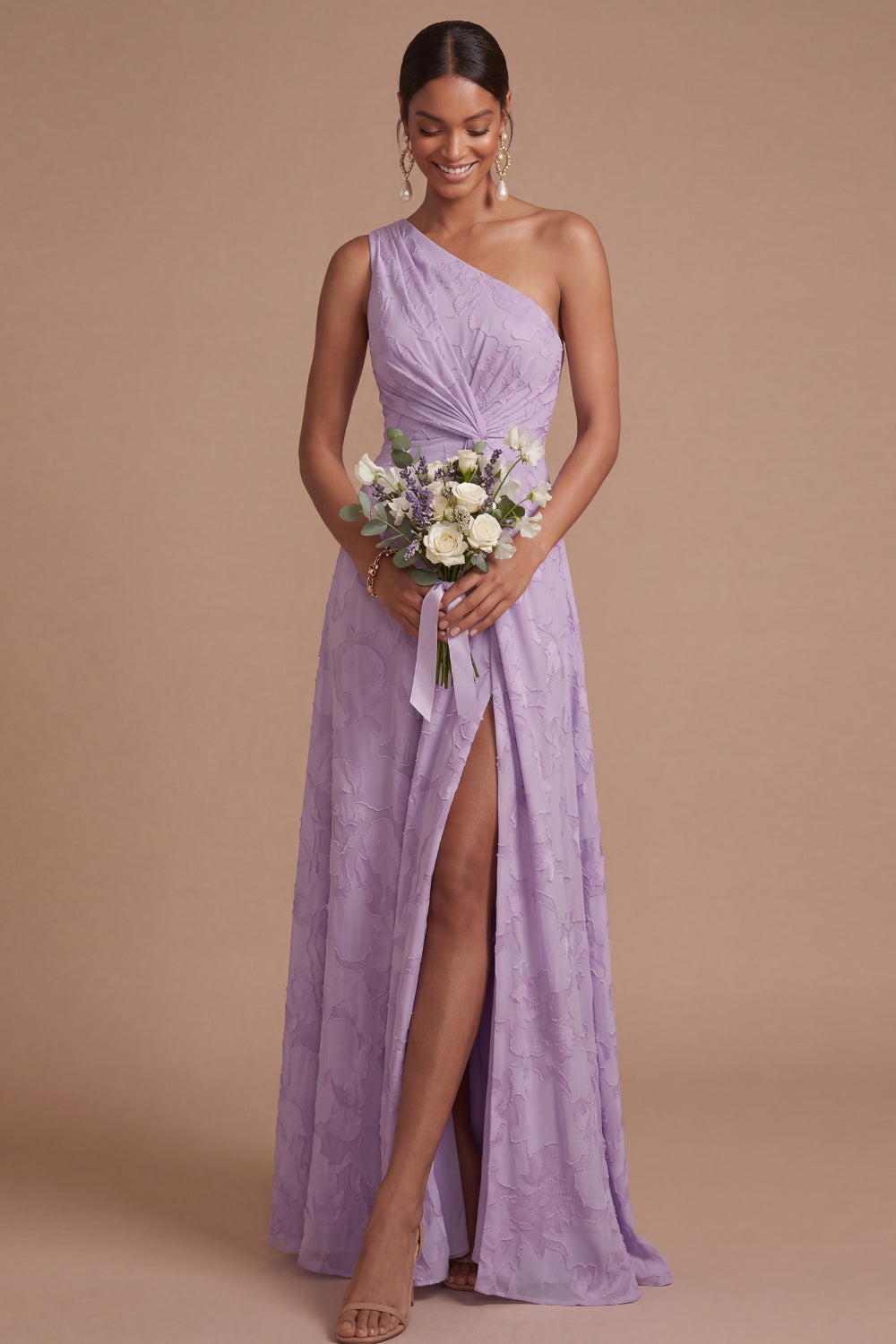 Dusty Rose A Line One Shoulder Ruched Long Formal Dress with Slit