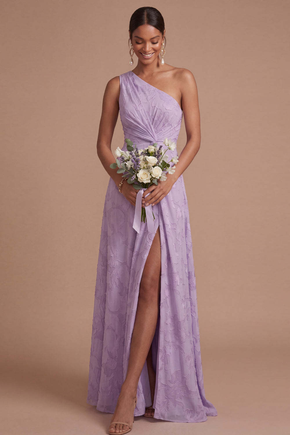 Dusty Rose A Line One Shoulder Ruched Long Formal Dress with Slit