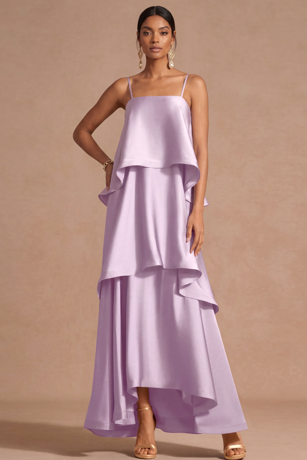 Lilac A Line Satin Spaghetti Straps Tiered Long Wedding Guest Dress