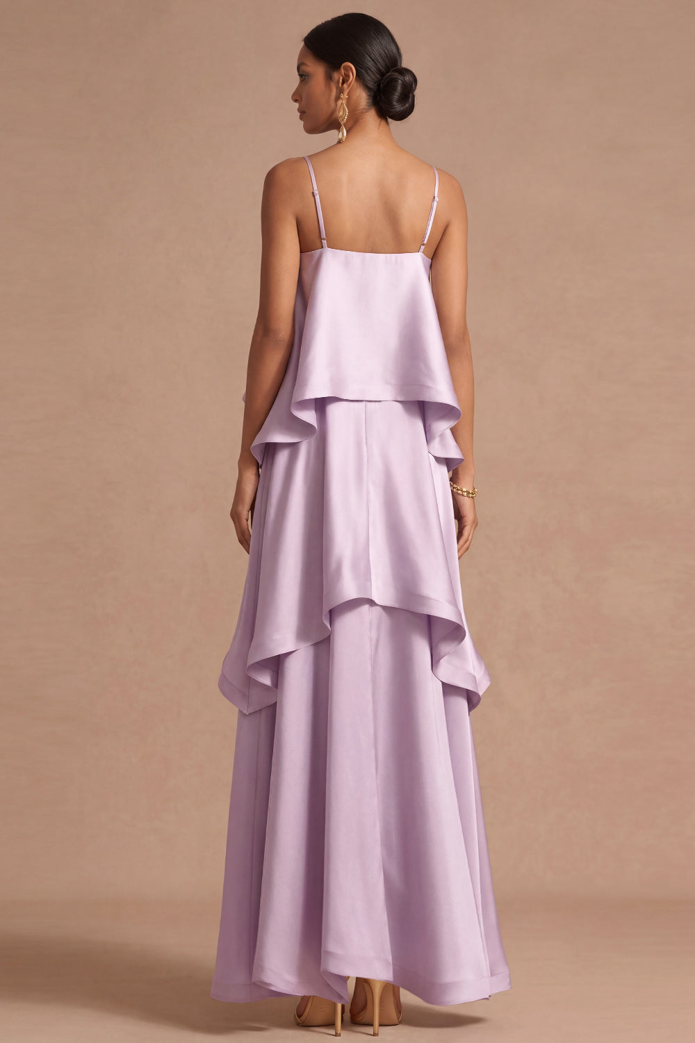 Lilac A Line Satin Spaghetti Straps Tiered Long Wedding Guest Dress