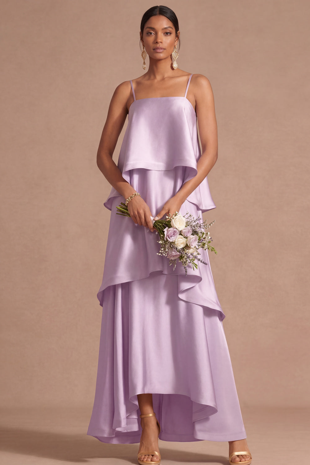 Lilac A Line Satin Spaghetti Straps Tiered Long Wedding Guest Dress