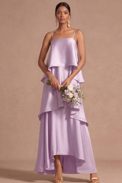 Lilac A Line Satin Spaghetti Straps Tiered Long Wedding Guest Dress