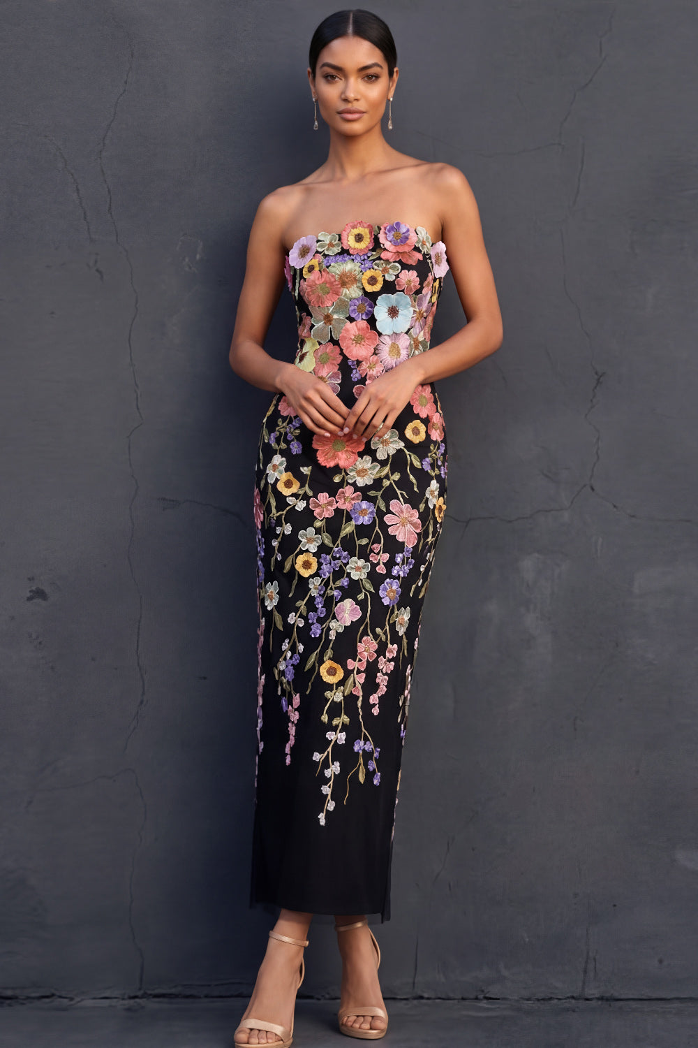 Black Floral Sheath Appliqued Strapless Midi Formal Dress