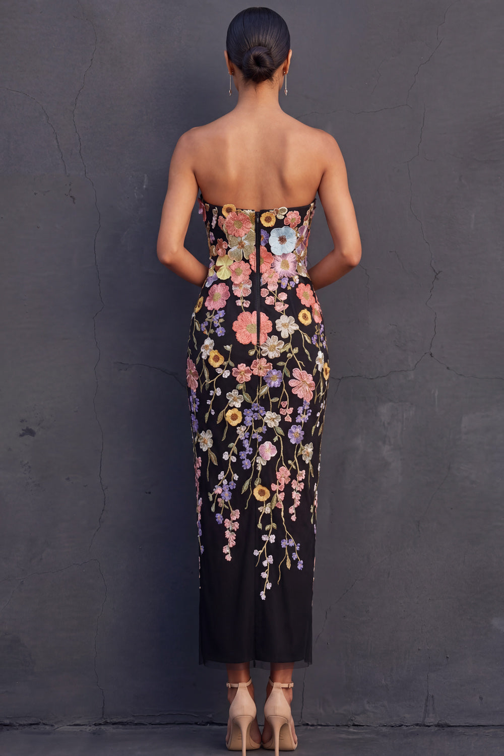 Black Floral Sheath Appliqued Strapless Midi Formal Dress