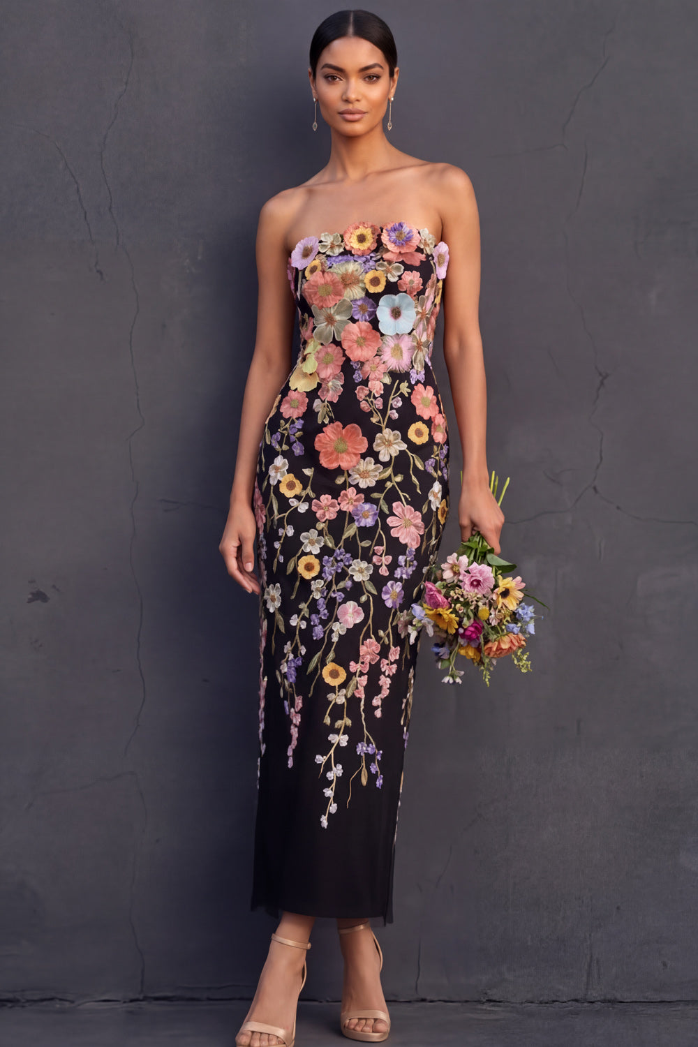 Black Floral Sheath Appliqued Strapless Midi Formal Dress
