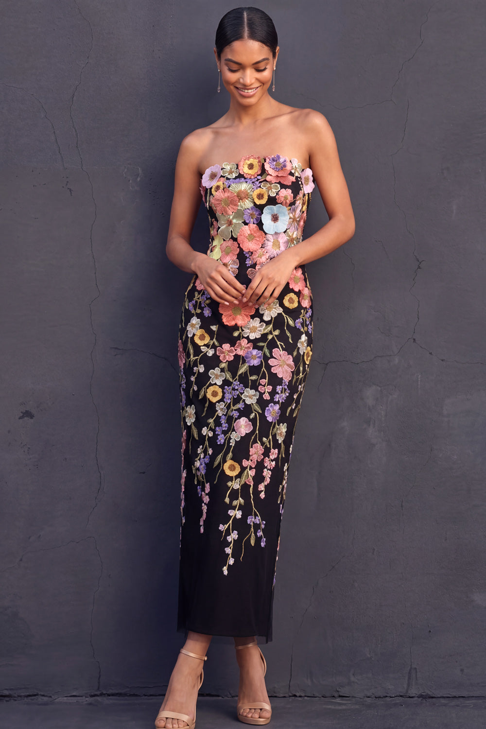 Black Floral Sheath Appliqued Strapless Midi Formal Dress