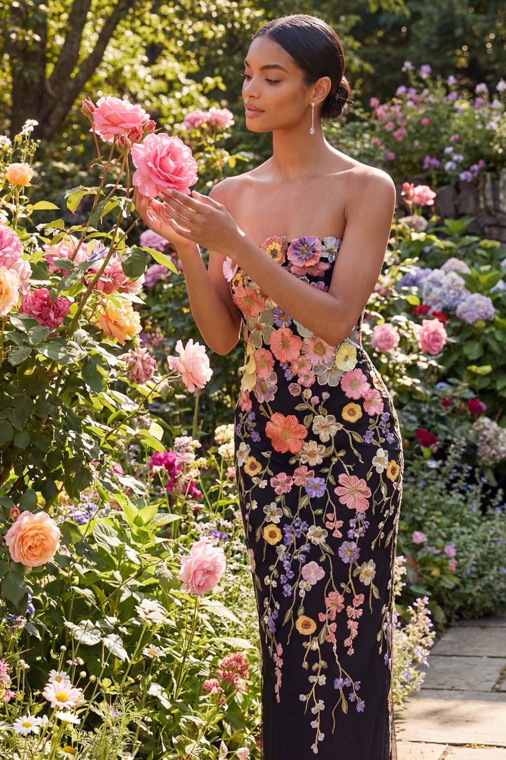 Black Floral Sheath Appliqued Strapless Midi Formal Dress