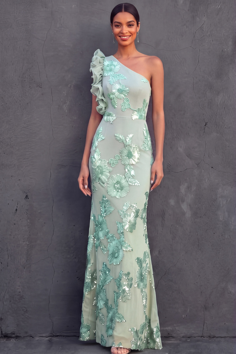 Green Floral Appliqued Sheath Ruffled Long Formal Dress