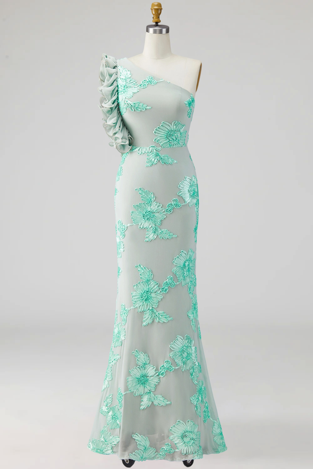 Green Floral Appliqued Sheath Ruffled Long Formal Dress